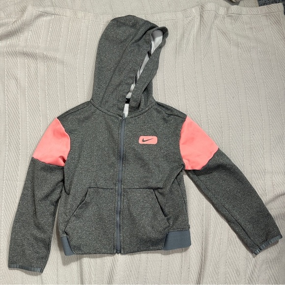 Nike Dri-Fit zip up hoodie, girls size small, gray/pink, pockets, spring, layer - Picture 1 of 12